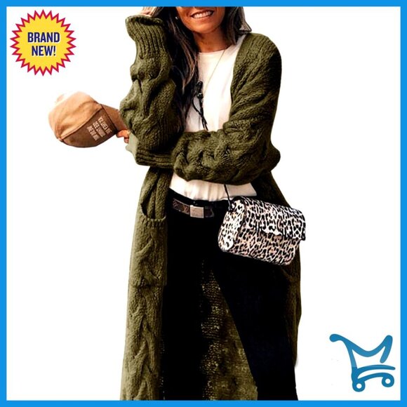 Sweaters - Knee Length Cable Knit Cardigan Sweater with Pockets, Loose Fit